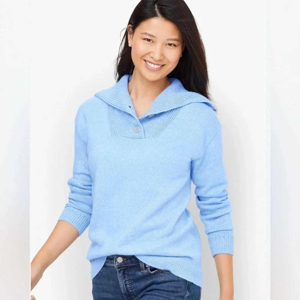 Talbots Breton Button Wide Collar Chunky Pullover Breezy Blue Cotton Women’s XS - Picture 1 of 13